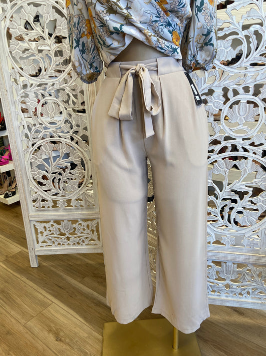 Beige Belted Straight Pants