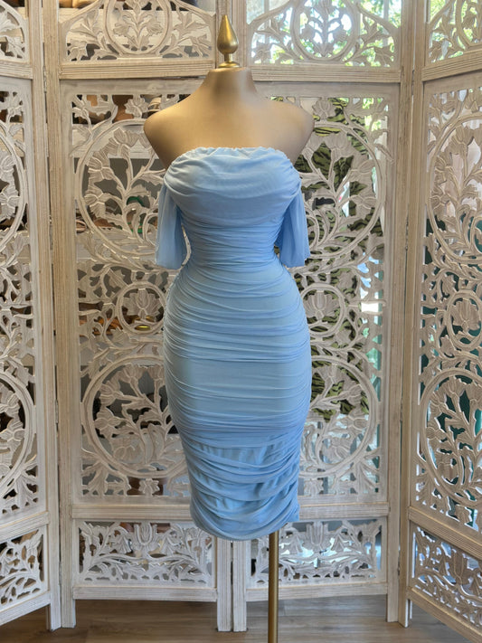 Baby Blue Midi Ruched Dress- Stretchy