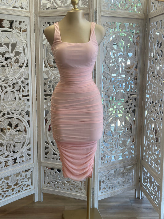 Baby Pink Ruched Midi Dress